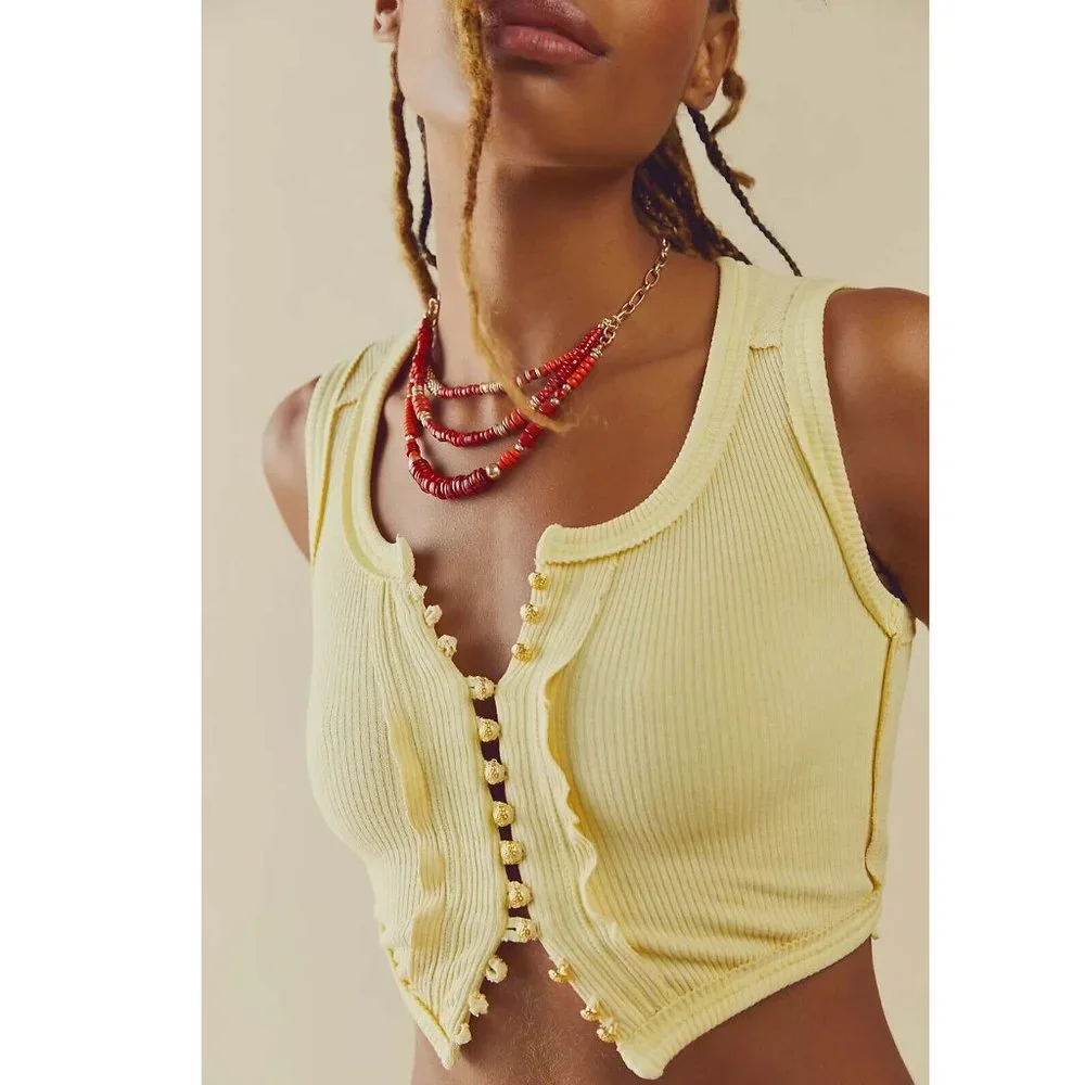 Free People Mabel Tank Buttondown Cropped Blouse Top Ribbed Solid Beach L - Picture 1 of 5